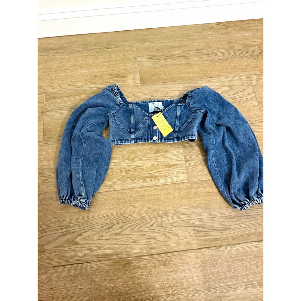MUSE Women's Denim Puff Long Sleeve Button Front Crop Top M new with tags